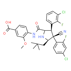 ChemSpider 2D Image | 4-{[(3R,4S,5R)-3-(3-Chloro-2-fluorophenyl)-4-(4-chloro-2-fluorophenyl)-4-cyano-5-(2,2-dimethylpropyl)prolyl]amino}-3-methoxybenzoic acid | C31H29Cl2F2N3O4