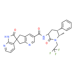 ChemSpider 2D Image | N-[(5R,6S)-6-Methyl-2-oxo-5-phenyl-1-(2,2,2-trifluoroethyl)-3-piperidinyl]-2'-oxo-1',2',5,7-tetrahydrospiro[cyclopenta[b]pyridine-6,3'-pyrrolo[2,3-b]pyridine]-3-carboxamide | C29H26F3N5O3