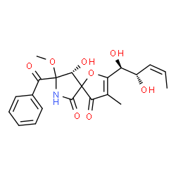 ChemSpider 2D Image | (9R)-8-Benzoyl-2-[(1S,2S,3Z)-1,2-dihydroxy-3-penten-1-yl]-9-hydroxy-8-methoxy-3-methyl-1-oxa-7-azaspiro[4.4]non-2-ene-4,6-dione | C21H23NO8