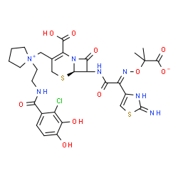 ChemSpider 2D Image | 2-({(E)-[2-({(6R)-2-Carboxy-3-[(1-{2-[(2-chloro-3,4-dihydroxybenzoyl)amino]ethyl}-1-pyrrolidiniumyl)methyl]-8-oxo-5-thia-1-azabicyclo[4.2.0]oct-2-en-7-yl}amino)-1-(2-imino-2,3-dihydro-1,3-thiazol-4-yl
)-2-oxoethylidene]amino}oxy)-2-methylpropanoate | C30H34ClN7O10S2