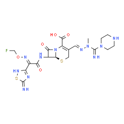 ChemSpider 2D Image | (6S)-7-{[(2E)-2-[(Fluoromethoxy)imino]-2-(5-imino-2,5-dihydro-1,2,4-thiadiazol-3-yl)acetyl]amino}-3-[(E)-{[(E)-imino(1-piperazinyl)methyl](methyl)hydrazono}methyl]-8-oxo-5-thia-1-azabicyclo[4.2.0]oct-
2-ene-2-carboxylic acid | C19H24FN11O5S2