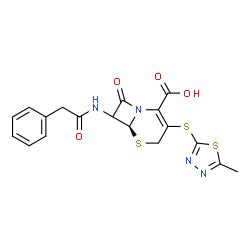 ChemSpider 2D Image | (6S)-3-[(5-Methyl-1,3,4-thiadiazol-2-yl)sulfanyl]-8-oxo-7-[(phenylacetyl)amino]-5-thia-1-azabicyclo[4.2.0]oct-2-ene-2-carboxylic acid | C18H16N4O4S3