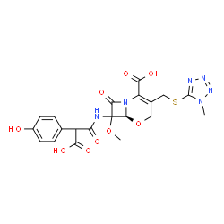 ChemSpider 2D Image | (6S)-7-{[Carboxy(4-hydroxyphenyl)acetyl]amino}-7-methoxy-3-{[(1-methyl-1H-tetrazol-5-yl)sulfanyl]methyl}-8-oxo-5-oxa-1-azabicyclo[4.2.0]oct-2-ene-2-carboxylic acid | C20H20N6O9S