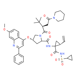 ChemSpider 2D Image | (4S)-N-{(2R)-1-[(Cyclopropylsulfonyl)carbamoyl]-2-vinylcyclopropyl}-1-{(2R)-3,3-dimethyl-2-[2-oxo-2-(1-piperidinyl)ethyl]butanoyl}-4-[(7-methoxy-2-phenyl-4-quinolinyl)oxy]prolinamide | C43H53N5O8S