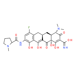 ChemSpider 2D Image | (4S,4aS,5aR,12aR)-4-(Dimethylamino)-7-fluoro-1,10,11,12a-tetrahydroxy-9-[(1-methylprolyl)amino]-3,12-dioxo-3,4,4a,5,5a,6,12,12a-octahydro-2-tetracenecarboximidic acid | C27H31FN4O8