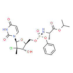 ChemSpider 2D Image | Isopropyl (2S)-2-{[(R)-{[(2S,3S,4S,5S)-4-chloro-5-(2,4-dioxo-3,4-dihydro-1(2H)-pyrimidinyl)-3-hydroxy-4-methyltetrahydro-2-furanyl]methoxy}(phenoxy)phosphoryl]amino}propanoate (non-preferred name) | C22H29ClN3O9P