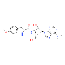 ChemSpider 2D Image | 2-Amino-N-[(2R,4S,5S)-5-[6-(dimethylamino)-9H-purin-9-yl]-4-hydroxy-2-(hydroxymethyl)tetrahydro-3-furanyl]-3-(4-methoxyphenyl)propanamide (non-preferred name) | C22H29N7O5