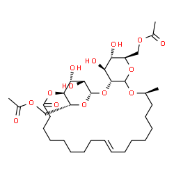 ChemSpider 2D Image | [(1S,3R,4S,5S,6R,10S,17E,28S,29R,31R,32R)-4,5,31,32-Tetrahydroxy-10-methyl-26-oxo-2,7,9,27,30-pentaoxatricyclo[26.2.2.0~3,8~]dotriacont-17-ene-6,29-diyl]bis(methylene) diacetate (non-preferred name) | C34H56O14