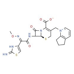 ChemSpider 2D Image | (6S)-3-(6,7-Dihydro-5H-cyclopenta[b]pyridinium-1-ylmethyl)-7-{[(2E)-2-(2-imino-2,3-dihydro-1,3-thiazol-4-yl)-2-(methoxyimino)acetyl]amino}-8-oxo-5-thia-1-azabicyclo[4.2.0]oct-2-ene-2-carboxylate | C22H22N6O5S2