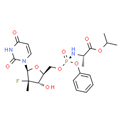 ChemSpider 2D Image | Isopropyl (2S)-2-{[(S)-{[(2S,3S,4S,5S)-5-(2,4-dioxo-3,4-dihydro-1(2H)-pyrimidinyl)-4-fluoro-3-hydroxy-4-methyltetrahydro-2-furanyl]methoxy}(phenoxy)phosphoryl]amino}propanoate (non-preferred name) | C22H29FN3O9P