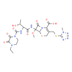ChemSpider 2D Image | (6R)-7-({N-[(4-Ethyl-2,3-dioxo-1-piperazinyl)carbonyl]threonyl}amino)-7-methoxy-3-{[(1-methyl-1H-tetrazol-5-yl)sulfanyl]methyl}-8-oxo-5-thia-1-azabicyclo[4.2.0]oct-2-ene-2-carboxylic acid | C22H29N9O9S2