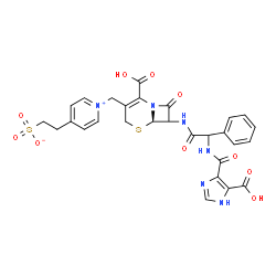 ChemSpider 2D Image | 2-(1-{[(6R)-2-Carboxy-7-{[{[(5-carboxy-1H-imidazol-4-yl)carbonyl]amino}(phenyl)acetyl]amino}-8-oxo-5-thia-1-azabicyclo[4.2.0]oct-2-en-3-yl]methyl}-4-pyridiniumyl)ethanesulfonate | C28H26N6O10S2