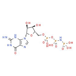 ChemSpider 2D Image | 9-[5-O-(Hydroxy{[hydroxy(phosphonoamino)phosphoryl]oxy}phosphoryl)-beta-L-ribofuranosyl]-2-imino-1,2,3,9-tetrahydro-6H-purin-6-one | C10H17N6O13P3