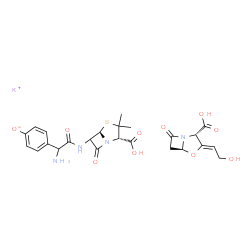 ChemSpider 2D Image | Potassium 4-(1-amino-2-{[(2S,5R)-2-carboxy-3,3-dimethyl-7-oxo-4-thia-1-azabicyclo[3.2.0]hept-6-yl]amino}-2-oxoethyl)phenolate (2S,3Z,5S)-3-(2-hydroxyethylidene)-7-oxo-4-oxa-1-azabicyclo[3.2.0]heptane-
2-carboxylic acid (1:1:1) | C24H27KN4O10S