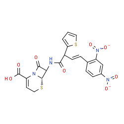 ChemSpider 2D Image | (6S)-7-{[(3E)-4-(2,4-Dinitrophenyl)-2-(2-thienyl)-3-butenoyl]amino}-8-oxo-5-thia-1-azabicyclo[4.2.0]oct-2-ene-2-carboxylic acid | C21H16N4O8S2