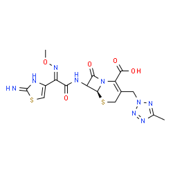 ChemSpider 2D Image | (6S)-7-{[(2E)-2-(2-Imino-2,3-dihydro-1,3-thiazol-4-yl)-2-(methoxyimino)acetyl]amino}-3-[(5-methyl-2H-tetrazol-2-yl)methyl]-8-oxo-5-thia-1-azabicyclo[4.2.0]oct-2-ene-2-carboxylic acid | C16H17N9O5S2