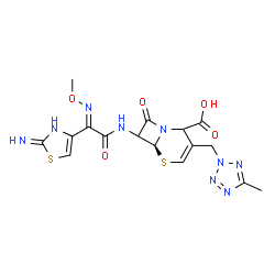ChemSpider 2D Image | (6S)-7-{[(2E)-2-(2-Imino-2,3-dihydro-1,3-thiazol-4-yl)-2-(methoxyimino)acetyl]amino}-3-[(5-methyl-2H-tetrazol-2-yl)methyl]-8-oxo-5-thia-1-azabicyclo[4.2.0]oct-3-ene-2-carboxylic acid | C16H17N9O5S2