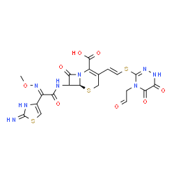 ChemSpider 2D Image | (6S)-3-[(E)-2-{[5,6-Dioxo-4-(2-oxoethyl)-1,4,5,6-tetrahydro-1,2,4-triazin-3-yl]sulfanyl}vinyl]-7-{[(2E)-2-(2-imino-2,3-dihydro-1,3-thiazol-4-yl)-2-(methoxyimino)acetyl]amino}-8-oxo-5-thia-1-azabicyclo
[4.2.0]oct-2-ene-2-carboxylic acid | C20H18N8O8S3