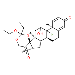 ChemSpider 2D Image | (8S,10S,11S,13S,14S,16S,17R)-2'-Ethoxy-2'-ethyl-9-fluoro-11-hydroxy-10,13,16-trimethyl-7,8,9,10,11,12,13,14,15,16-decahydro-5'H-spiro[cyclopenta[a]phenanthrene-17,4'-[1,3]dioxane]-3,5'(6H)-dione | C27H37FO6