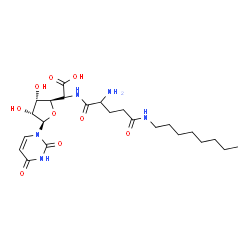 ChemSpider 2D Image | {[2-Amino-5-(octylamino)-5-oxopentanoyl]amino}[(2R,3S,4R,5R)-5-(2,4-dioxo-3,4-dihydro-1(2H)-pyrimidinyl)-3,4-dihydroxytetrahydro-2-furanyl]acetic acid (non-preferred name) | C23H37N5O9