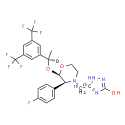 ChemSpider 2D Image | 5-{[(2R,3S)-2-{[(1R)-1-[3,5-Bis(trifluoromethyl)phenyl](1-~2~H)ethyl]oxy}-3-(4-fluorophenyl)-4-morpholinyl](~13~C)methyl}(5-~13~C)-1H-1,2,4-triazol-3-ol | C2113C2H20DF7N4O3