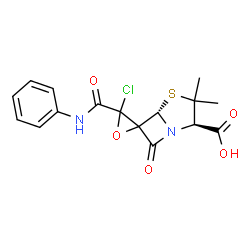 ChemSpider 2D Image | (2'R,5'S)-3-Chloro-3',3'-dimethyl-7'-oxo-3-(phenylcarbamoyl)spiro[oxirane-2,6'-[4]thia[1]azabicyclo[3.2.0]heptane]-2'-carboxylic acid | C16H15ClN2O5S