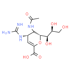 ChemSpider 2D Image | (5xi,6R)-5-Acetamido-2,6-anhydro-4-carbamimidamido-3,4,5-trideoxy-6-[(1R,2S)-1,2,3-trihydroxypropyl]-D-glycero-hex-2-enonic acid | C12H20N4O7