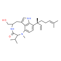 ChemSpider 2D Image | 9-[(3R)-3,7-Dimethyl-1,6-octadien-3-yl]-5-(hydroxymethyl)-2-isopropyl-1-methyl-1,2,4,5,6,8-hexahydro-3H-[1,4]diazonino[7,6,5-cd]indol-3-one | C27H39N3O2