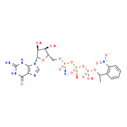 ChemSpider 2D Image | 9-[5-O-(Amino{[hydroxy({hydroxy[1-(2-nitrophenyl)ethoxy]phosphoryl}oxy)phosphoryl]oxy}phosphoryl)-beta-L-ribofuranosyl]-2-imino-1,2,3,9-tetrahydro-6H-purin-6-one | C18H24N7O15P3