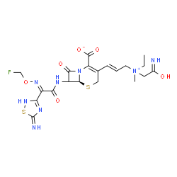ChemSpider 2D Image | (6S)-3-{(1E)-3-[Ethyl(2-hydroxy-2-iminoethyl)methylammonio]-1-propen-1-yl}-7-{[(2E)-2-[(fluoromethoxy)imino]-2-(5-imino-2,5-dihydro-1,2,4-thiadiazol-3-yl)acetyl]amino}-8-oxo-5-thia-1-azabicyclo[4.2.0]
oct-2-ene-2-carboxylate | C20H25FN8O6S2