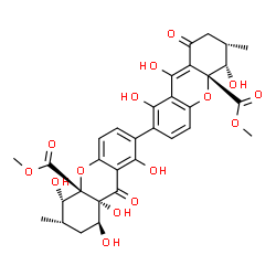 ChemSpider 2D Image | Dimethyl (5S,5'S,6S,6'S,8S,8aR,10aS,10a'R)-1,1',5,5',8,8a,9'-heptahydroxy-6,6'-dimethyl-8',9-dioxo-5,5',6,6',7,7',8,8',8a,9-decahydro-10aH,10a'H-2,2'-bixanthene-10a,10a'-dicarboxylate | C32H32O15