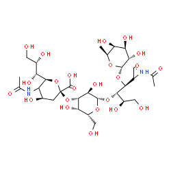 ChemSpider 2D Image | (5xi,6S)-5-Acetamido-3,5-dideoxy-6-[(1R,2S)-1,2,3-trihydroxypropyl]-alpha-L-glycero-hex-2-ulopyranonosyl-(2->3)-beta-D-galactopyranosyl-(1->4)-[6-deoxy-alpha-L-galactopyranosyl-(1->3)]-(2xi)-2-acetami
do-2-deoxy-D-xylo-hexose | C31H52N2O23