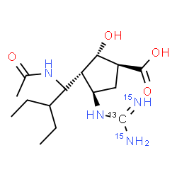 ChemSpider 2D Image | (1S,2S,3R,4R)-3-(1-Acetamido-2-ethylbutyl)-4-[(~13~C,N',N''-~15~N_2_)carbamimidamido]-2-hydroxycyclopentanecarboxylic acid | C1413CH28N215N2O4