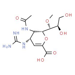 ChemSpider 2D Image | (5xi,6R)-5-Acetamido-2,6-anhydro-4-carbamimidamido-3,4,5-trideoxy-6-[(1S,2R)-2,3-dihydroxy-1-methoxypropyl]-D-glycero-hex-2-enonic acid | C13H22N4O7