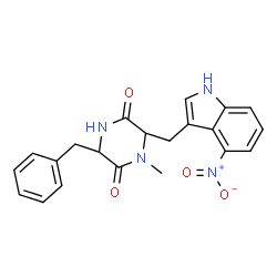 ChemSpider 2D Image | 3-Benzyl-1-methyl-6-[(4-nitro-1H-indol-3-yl)methyl]-2,5-piperazinedione | C21H20N4O4