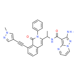 ChemSpider 2D Image | 2-Amino-N-(1-{8-[(1-methyl-1H-pyrazol-4-yl)ethynyl]-1-oxo-2-phenyl-1,2-dihydro-3-isoquinolinyl}ethyl)pyrazolo[1,5-a]pyrimidine-3-carboxamide | C30H24N8O2