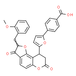 ChemSpider 2D Image | 4-(5-{(2Z)-2-[(Z)-(2-Methoxyphenyl)methylene]-3,7-dioxo-2,3,8,9-tetrahydro-7H-furo[2,3-f]chromen-9-yl}-2-furyl)benzoic acid | C30H20O8