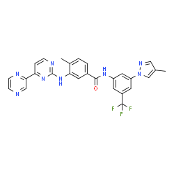 ChemSpider 2D Image | 4-Methyl-N-[3-(4-methyl-1H-pyrazol-1-yl)-5-(trifluoromethyl)phenyl]-3-{[4-(2-pyrazinyl)-2-pyrimidinyl]amino}benzamide | C27H21F3N8O