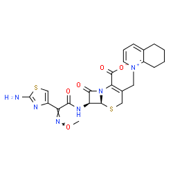 ChemSpider 2D Image | (6S,7S)-7-{[(2Z)-2-(2-Amino-1,3-thiazol-4-yl)-2-(methoxyimino)acetyl]amino}-8-oxo-3-(5,6,7,8-tetrahydro-1-quinoliniumylmethyl)-5-thia-1-azabicyclo[4.2.0]oct-2-ene-2-carboxylate | C23H24N6O5S2