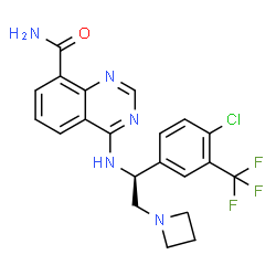 ChemSpider 2D Image | 4-({(1S)-2-(1-Azetidinyl)-1-[4-chloro-3-(trifluoromethyl)phenyl]ethyl}amino)-8-quinazolinecarboxamide | C21H19ClF3N5O