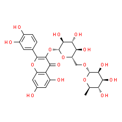 ChemSpider 2D Image | 2-(3,4-Dihydroxyphenyl)-5,7-dihydroxy-4-oxo-4H-chromen-3-yl 6-O-(6-deoxy-alpha-D-mannopyranosyl)-beta-L-glucopyranoside | C27H30O16