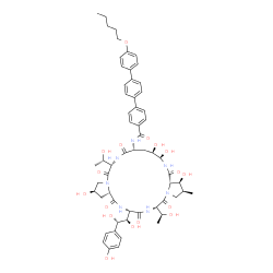 ChemSpider 2D Image | N-{(2R,6S,9R,11R,12R,14aS,15S,16S,20S,23S,25aS)-23-[(1R,2S)-1,2-Dihydroxy-2-(4-hydroxyphenyl)ethyl]-2,11,12,15-tetrahydroxy-6,20-bis[(1S)-1-hydroxyethyl]-16-methyl-5,8,14,19,22,25-hexaoxotetracosahydr
o-1H-dipyrrolo[2,1-c:2',1'-l][1,4,7,10,13,16]hexaazacyclohenicosin-9-yl}-4''-(pentyloxy)-1,1':4',1''-terphenyl-4-carboxamide | C58H73N7O17