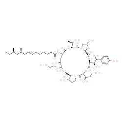 ChemSpider 2D Image | (10S,12R)-N-{(2R,6S,9S,11S,12S,14aS,15S,20R,23S,25aS)-12-[(2-Aminoethyl)amino]-20-[(1R)-3-amino-1-hydroxypropyl]-23-[(1S,2S)-1,2-dihydroxy-2-(4-hydroxyphenyl)ethyl]-2,11,15-trihydroxy-6-[(1R)-1-hydrox
yethyl]-5,8,14,19,22,25-hexaoxotetracosahydro-1H-dipyrrolo[2,1-c:2',1'-l][1,4,7,10,13,16]hexaazacyclohenicosin-9-yl}-10,12-dimethyltetradecanamide | C52H88N10O15