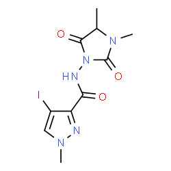ChemSpider 2D Image | N-(3,4-Dimethyl-2,5-dioxo-1-imidazolidinyl)-4-iodo-1-methyl-1H-pyrazole-3-carboxamide | C10H12IN5O3