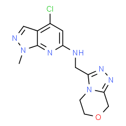 ChemSpider 2D Image | 4-Chloro-N-(5,6-dihydro-8H-[1,2,4]triazolo[3,4-c][1,4]oxazin-3-ylmethyl)-1-methyl-1H-pyrazolo[3,4-b]pyridin-6-amine | C13H14ClN7O
