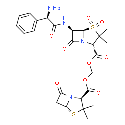 ChemSpider 2D Image | ({[(2S,5R)-3,3-Dimethyl-7-oxo-4-thia-1-azabicyclo[3.2.0]hept-2-yl]carbonyl}oxy)methyl (2S,5R,6R)-6-{[(2R)-2-amino-2-phenylacetyl]amino}-3,3-dimethyl-7-oxo-4-thia-1-azabicyclo[3.2.0]heptane-2-carboxyla
te 4,4-dioxide | C25H30N4O9S2