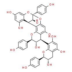 ChemSpider 2D Image | (1R,5R,6S,7R,13S,21S)-5,13-Bis(4-hydroxyphenyl)-7-[(2R,3S)-3,5,7-trihydroxy-2-(4-hydroxyphenyl)-3,4-dihydro-2H-chromen-8-yl]-4,12,14-trioxapentacyclo[11.7.1.0~2,11~.0~3,8~.0~15,20~]henicosa-2,8,10,15,
17,19-hexaene-6,9,17,19,21-pentol | C45H36O15