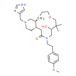 ChemSpider 2D Image | (4aS,9R,15aR)-9-Hydroxy-2-(1H-imidazol-4-ylmethyl)-7-[2-(4-methoxyphenyl)ethyl]-10,10-dimethyltetradecahydropyrido[4,3-i][1,6]oxazacyclotridecin-6(7H)-one | C29H44N4O4