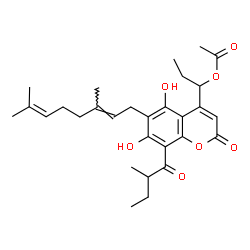 ChemSpider 2D Image | 1-{6-[(2E)-3,7-Dimethyl-2,6-octadien-1-yl]-5,7-dihydroxy-8-(2-methylbutanoyl)-2-oxo-2H-chromen-4-yl}propyl acetate | C29H38O7