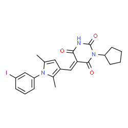 ChemSpider 2D Image | (5E)-1-Cyclopentyl-5-{[1-(3-iodophenyl)-2,5-dimethyl-1H-pyrrol-3-yl]methylene}-2,4,6(1H,3H,5H)-pyrimidinetrione | C22H22IN3O3